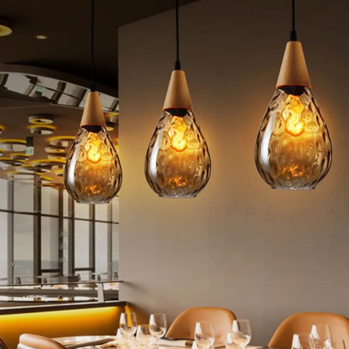 Teardrop Glass Pendant Light Wood and Glass Hanging Lamp