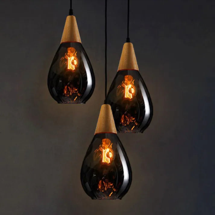Teardrop Glass Pendant Light Wood and Glass Hanging Lamp