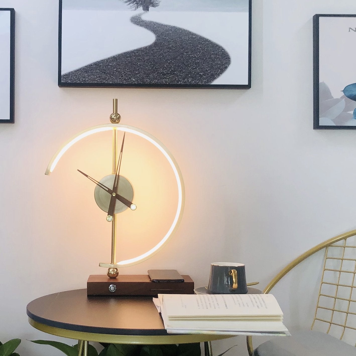 Luxury LED Desk Lamp Clock with Wireless Charger Modern Maple Wood Design