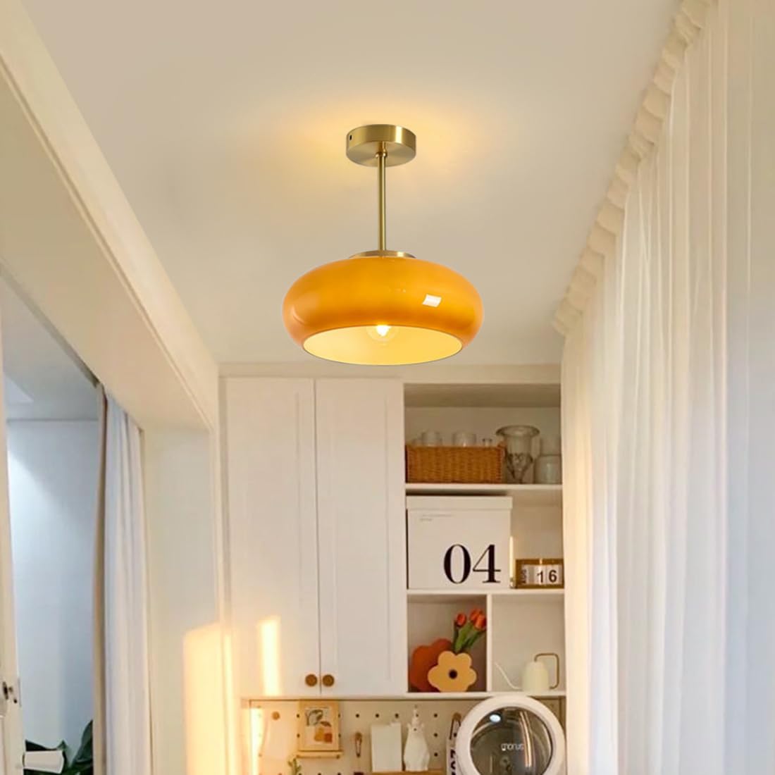 Amber Glass Round Ceiling Light Warm Retro Flush Mount