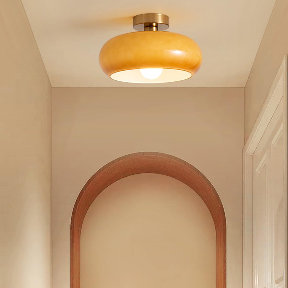 Amber Glass Round Ceiling Light Warm Retro Flush Mount