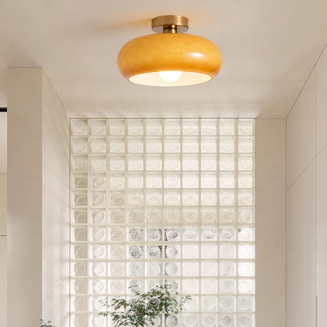 Amber Glass Round Ceiling Light Warm Retro Flush Mount