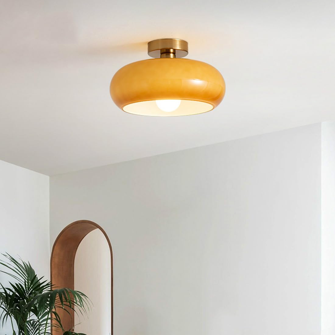 Amber Glass Round Ceiling Light Warm Retro Flush Mount