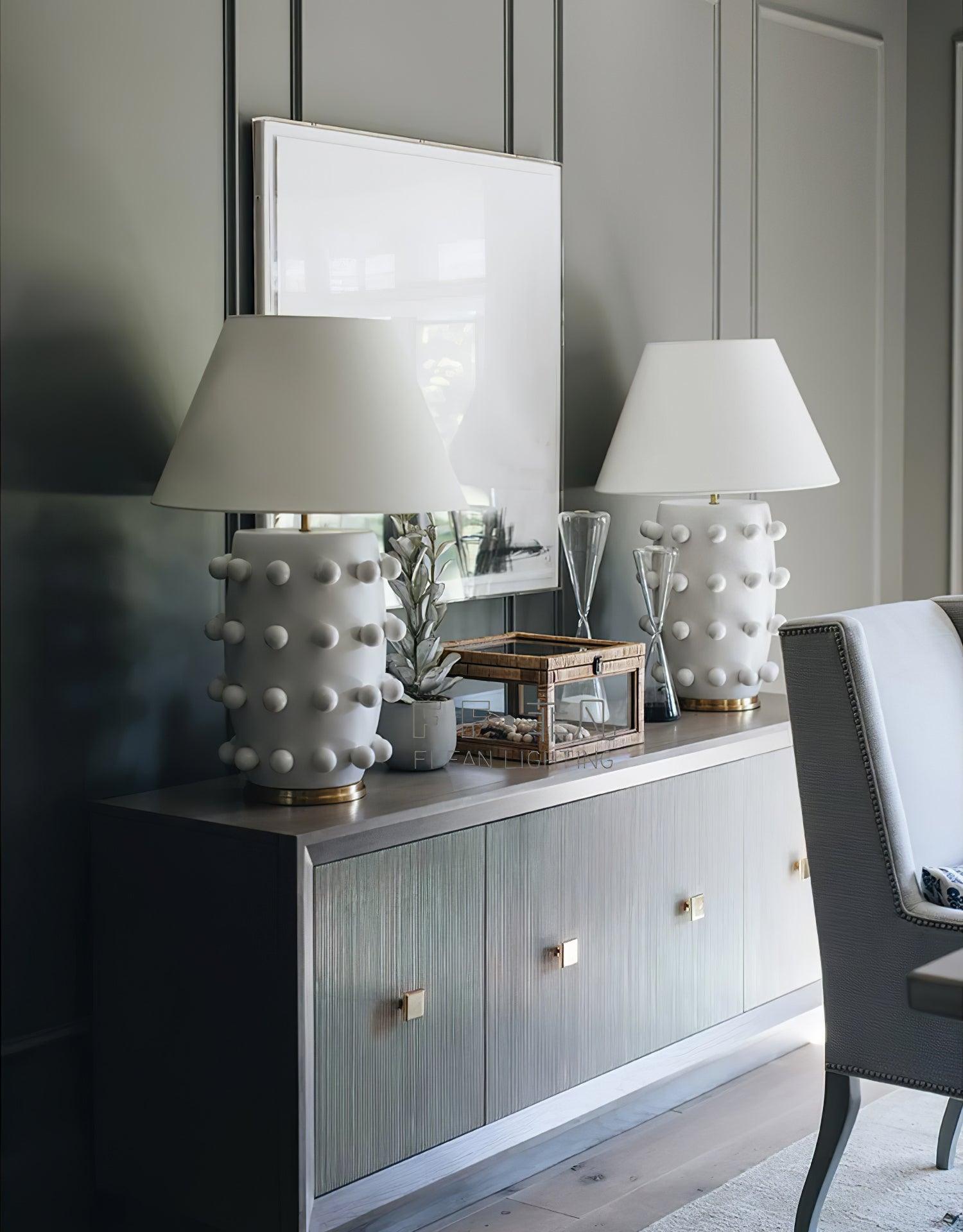 Polka Dot Ceramic Table Lamp with Fabric Shade and Brass Accents