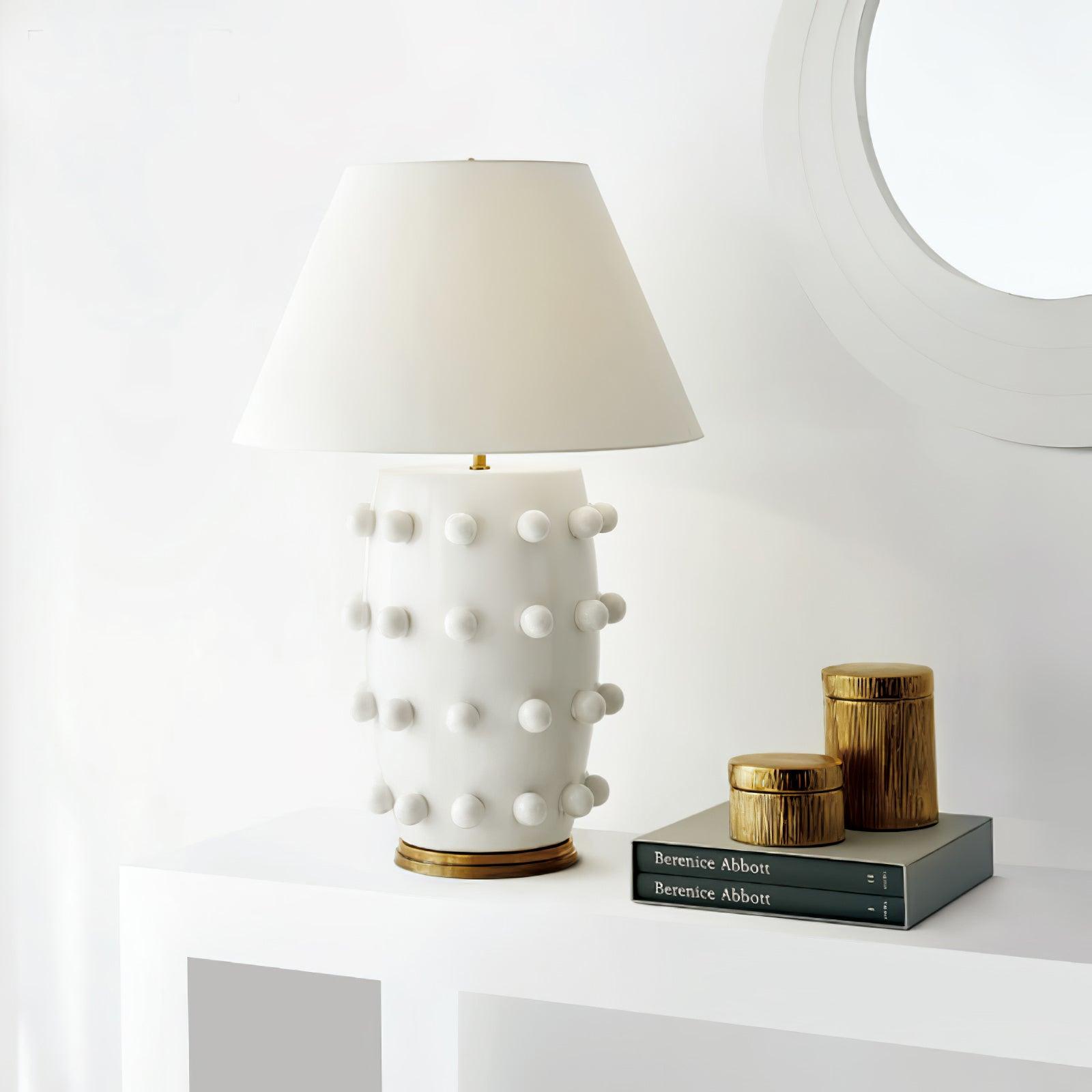 Polka Dot Ceramic Table Lamp with Fabric Shade and Brass Accents