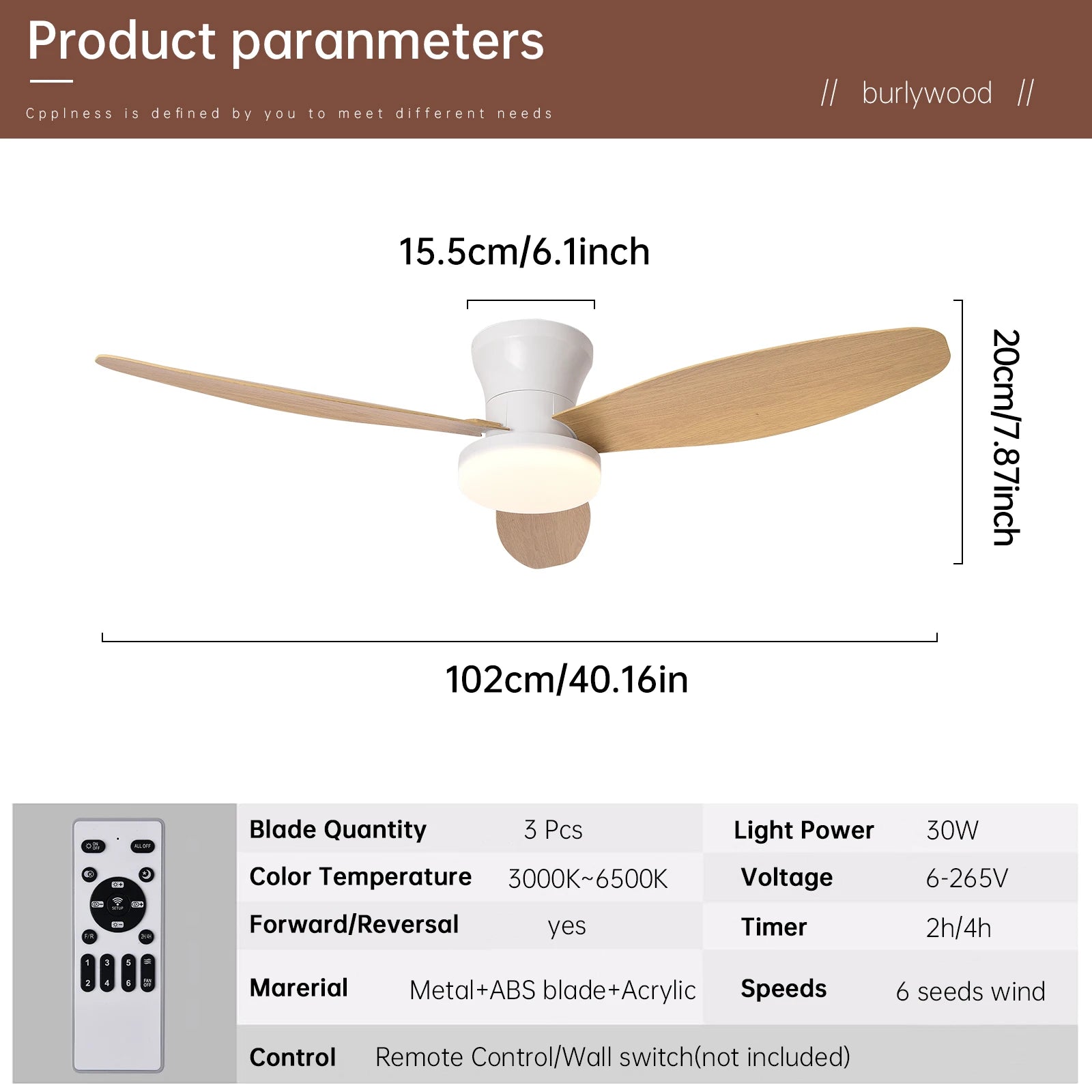 Ceiling Fan Light with Remote Control, 3 Color Modes and 6-Speed Cooling