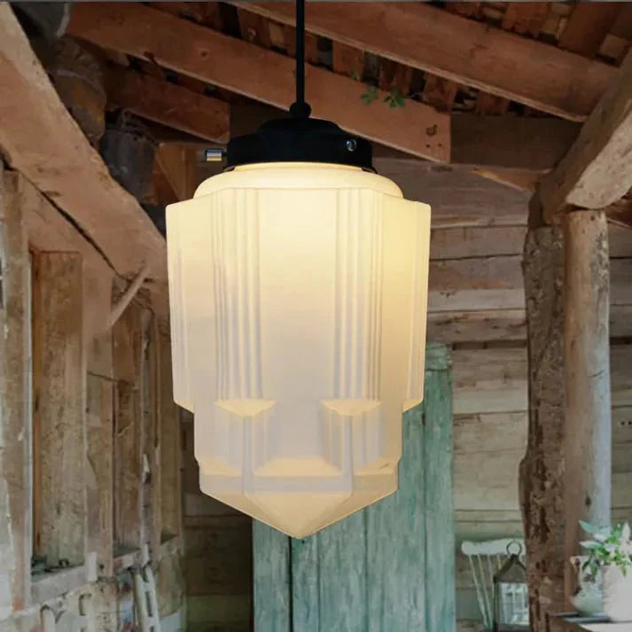 Vintage Milk Glass Pendant Light Geometric Jar Design