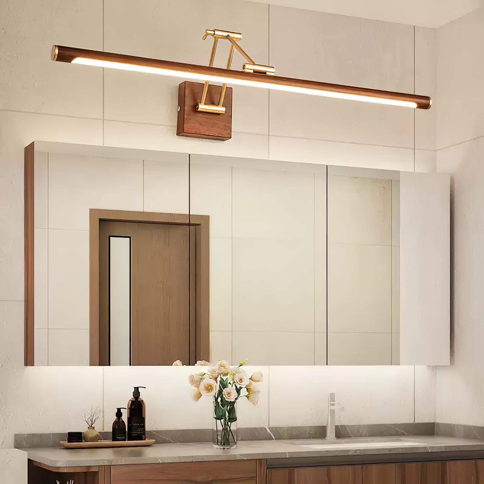 Adjustable Walnut LED Wall Light with Brass Accent for Modern Interiors