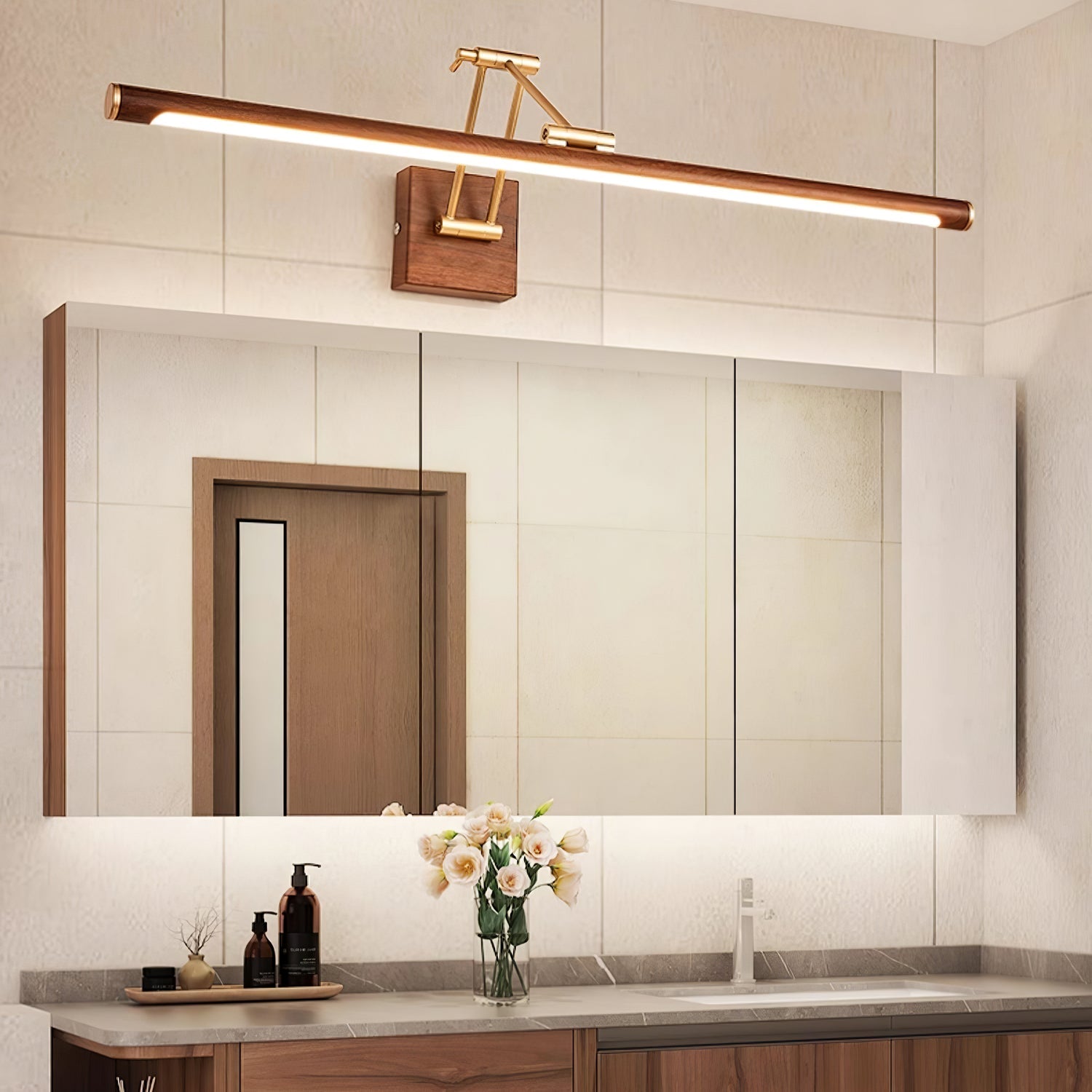 Adjustable Walnut LED Wall Light with Brass Accent for Modern Interiors