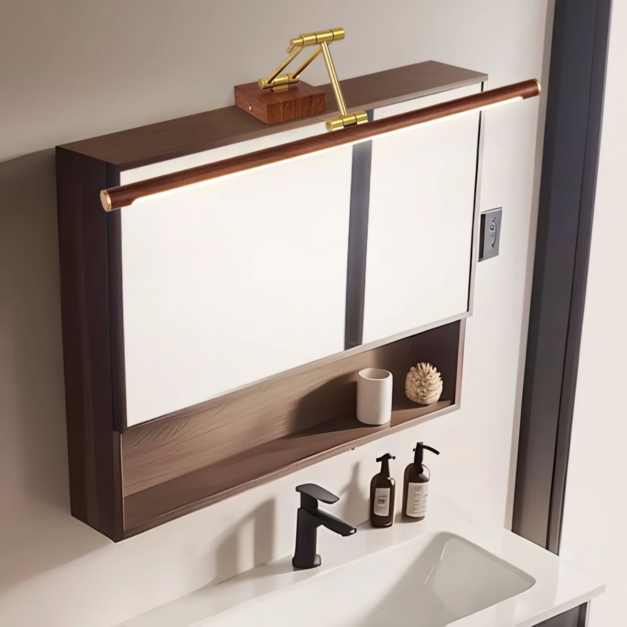Adjustable Walnut LED Wall Light with Brass Accent for Modern Interiors