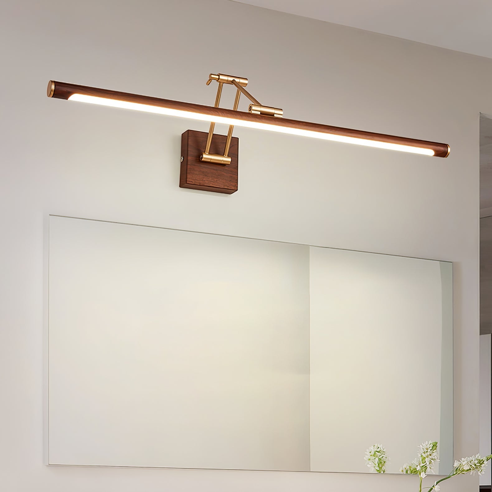 Adjustable Walnut LED Wall Light with Brass Accent for Modern Interiors