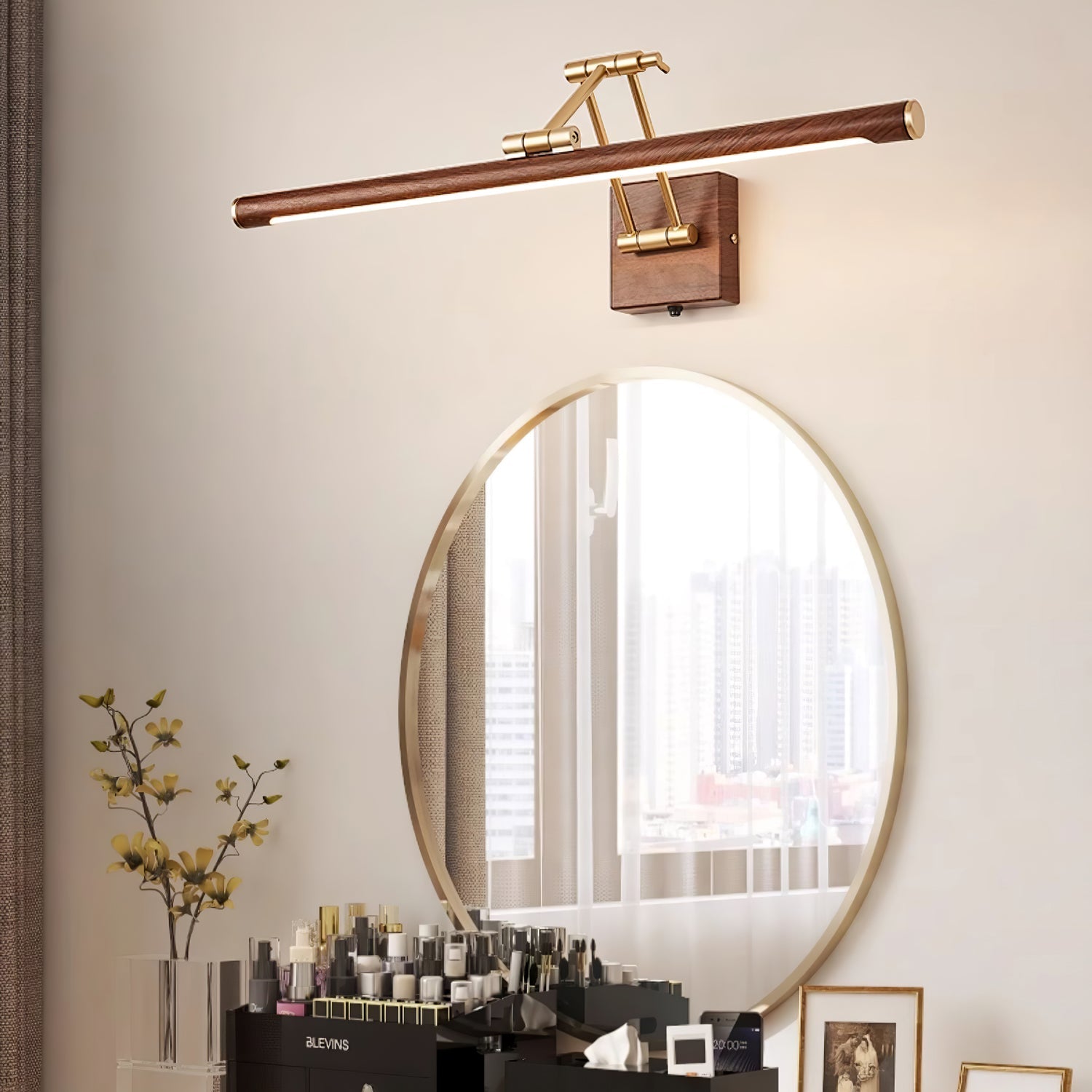 Adjustable Walnut LED Wall Light with Brass Accent for Modern Interiors