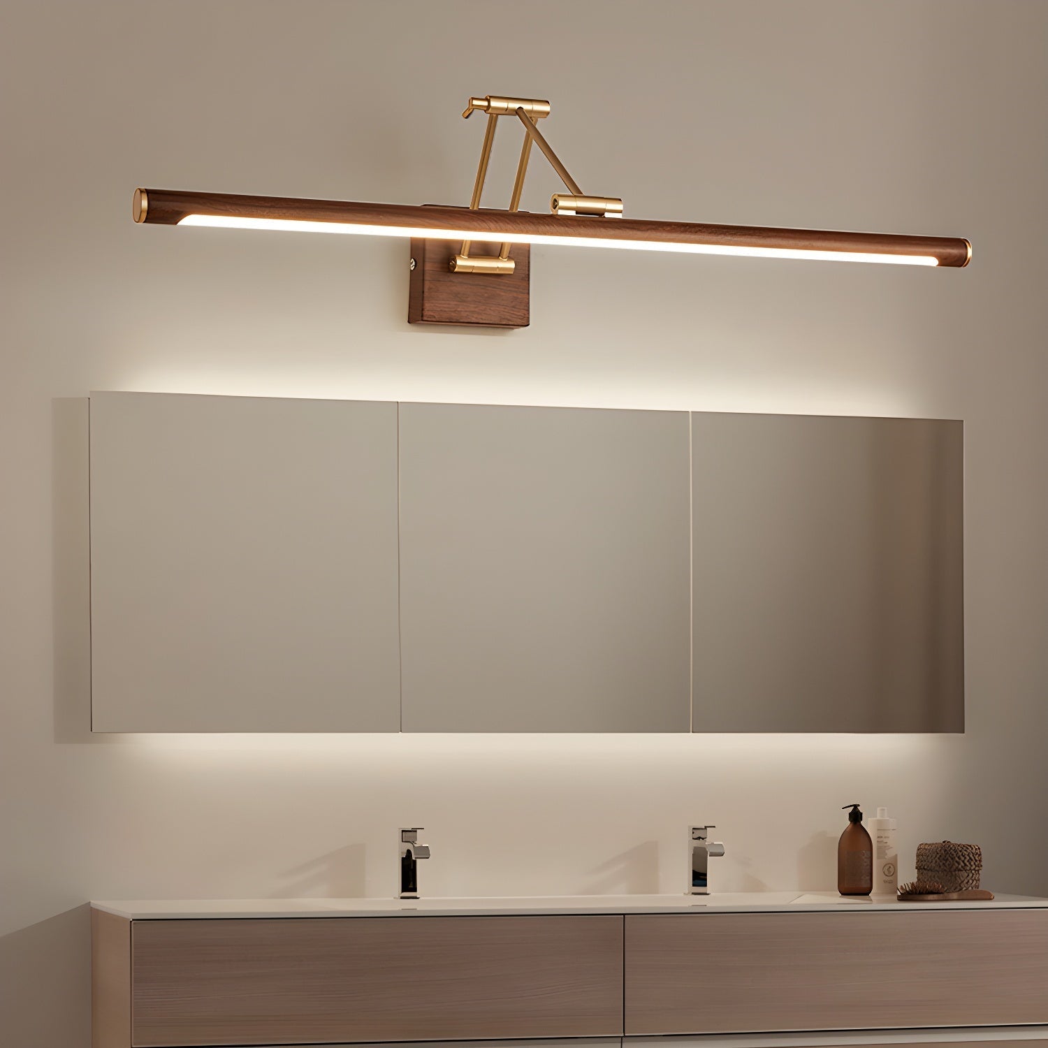 Adjustable Walnut LED Wall Light with Brass Accent for Modern Interiors