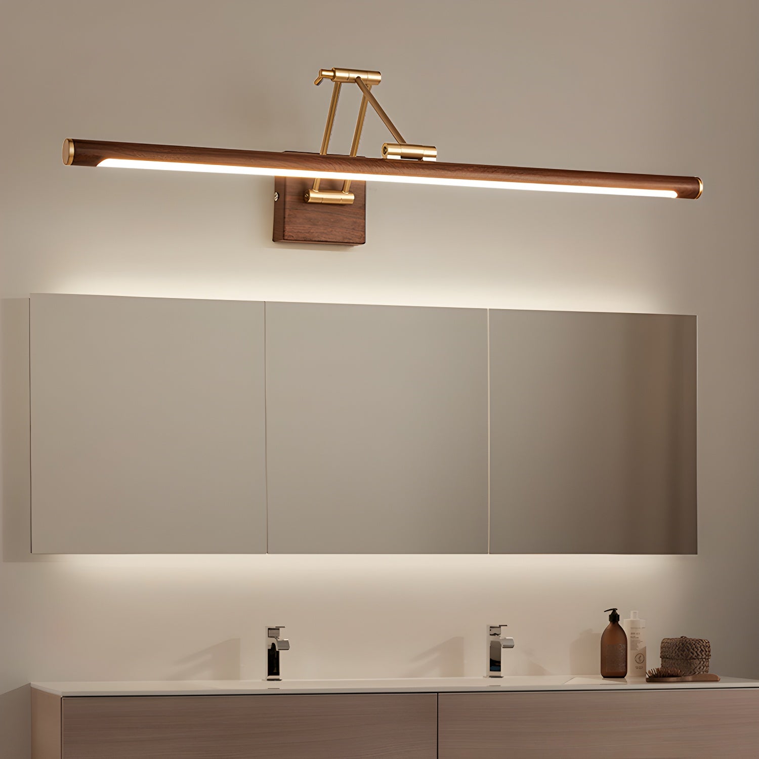 Adjustable Walnut LED Wall Light with Brass Accent for Modern Interiors