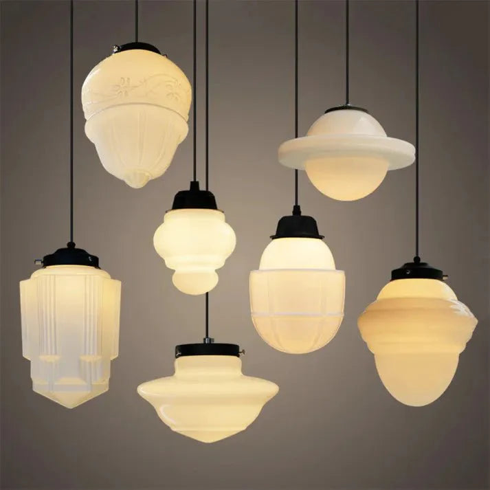 Vintage Milk Glass Pendant Light Geometric Jar Design