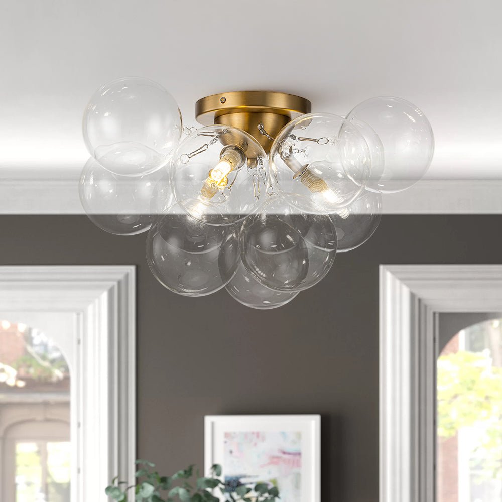 Brass Cluster Glass Globe Bubble Ceiling Light with Three Clear Globes