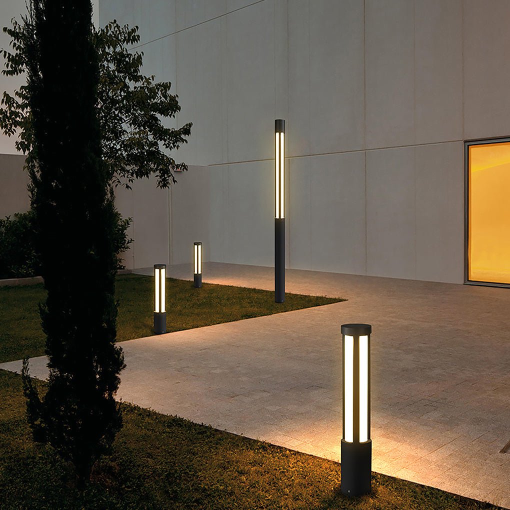 Modern Black Cylinder LED Outdoor Bollard Light Waterproof Hardwired