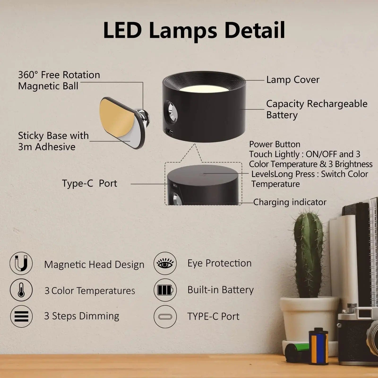 Rechargeable Battery Wall Light, Wireless Adjustable Lamp