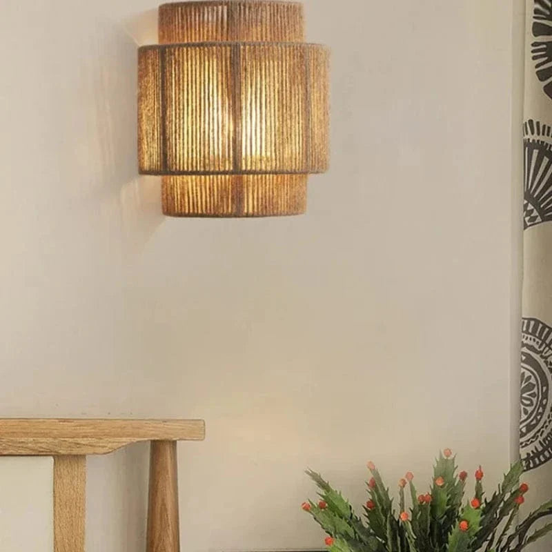 Rattan Wall Lamp, Handwoven Bamboo LED Light