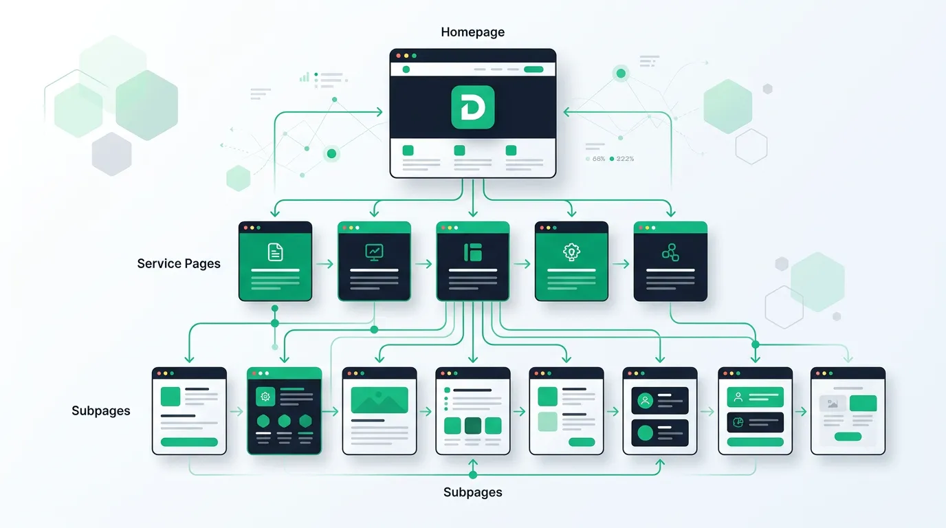Website architecture, page hierarchy and internal linking illustration