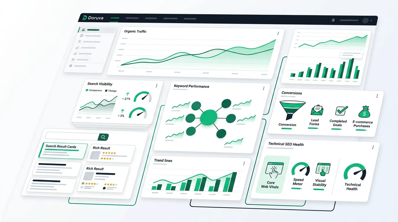 SEO analytics illustration showing organic traffic, visibility, rankings and conversions