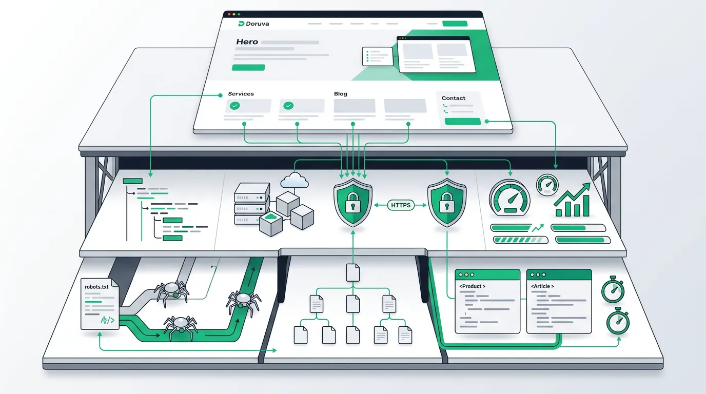 Technical SEO illustration showing website infrastructure, crawlability and performance