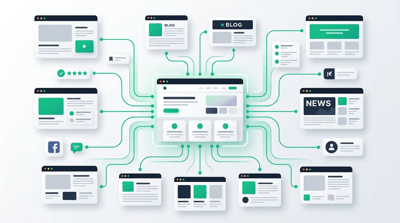 Off-page SEO illustration showing backlinks, brand authority and external references