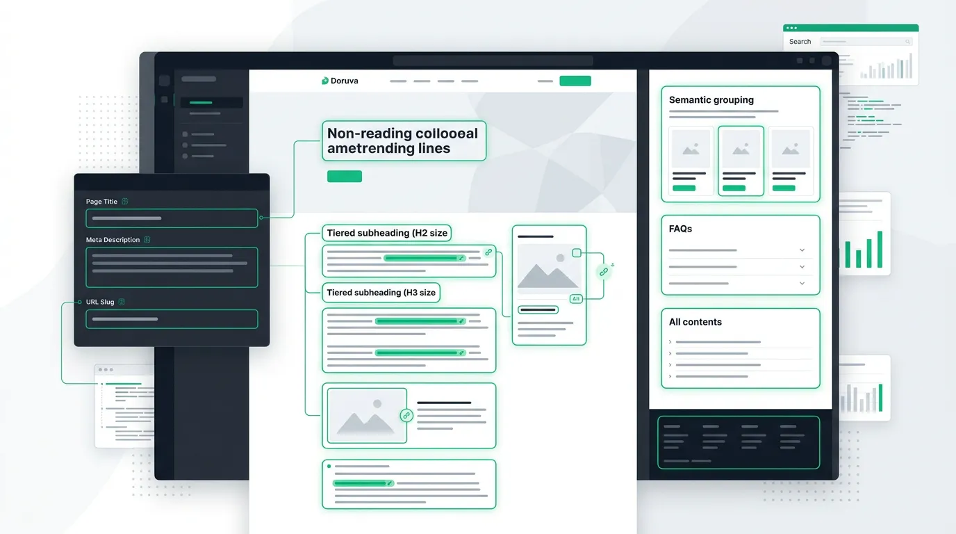 On-page SEO illustration showing headings, content, internal links and page optimization